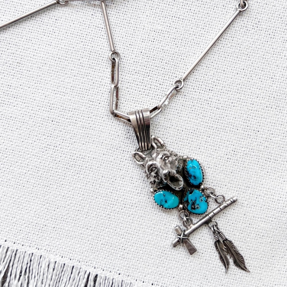 NATIVE Wolf Turquoise Sterling Silver Vintage Necklace Robert Begay Southwestern